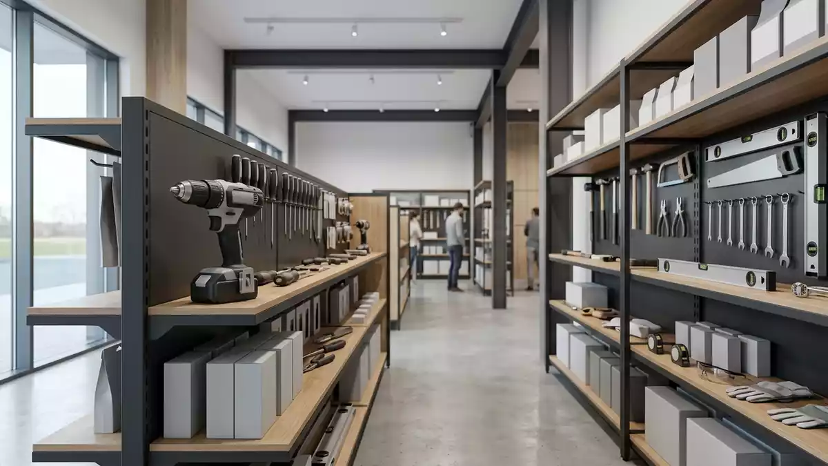 Architektur-Render im Werkzeuggeschaeft mit Akku-Bohrschrauber im Ausstellungsbereich