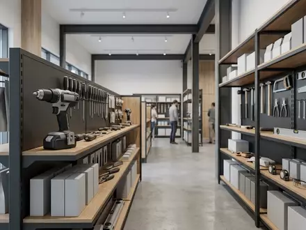 Architektur-Render im Werkzeuggeschaeft mit Akku-Bohrschrauber zum Thema Metabo BS 18 LT, neutrales Tageslicht - Foto: THN