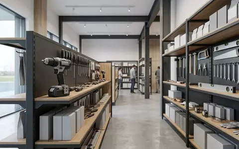 Architektur-Render im Werkzeuggeschaeft mit Akku-Bohrschrauber zum Thema Metabo BS 18 LT, neutrales Tageslicht - Foto: THN