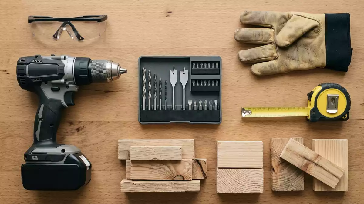 Flatlay-Arrangement rund um Akku-Bohrschrauber mit passenden Requisiten von oben