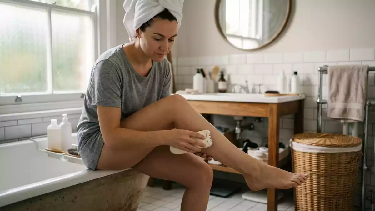 Fotorealistische Ansicht von Epilierer im Badezimmer in realer Umgebung, neutral