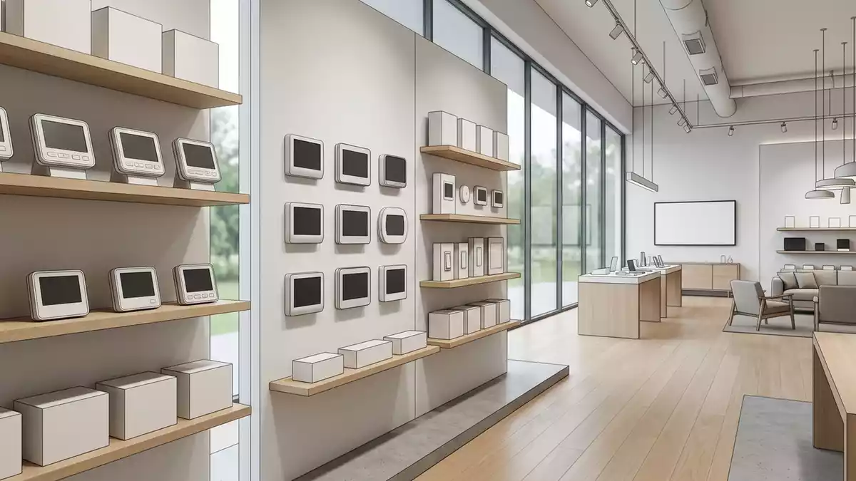 Architektur-Render im Smart Home Handel mit Heizkoerperthermostat im Ausstellungsbereich