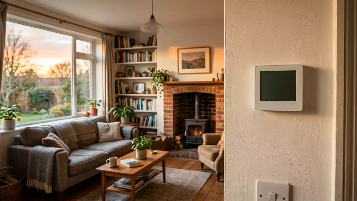 Fotorealistische Ansicht von Heizkoerperthermostat im Wohnzimmer in warmem Abendlicht