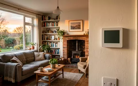 Fotorealistische Aufnahme von Heizkoerperthermostat im Wohnzimmer zum Thema Emerson Sensi Touch 2, warmes Abendlicht - Foto: THN