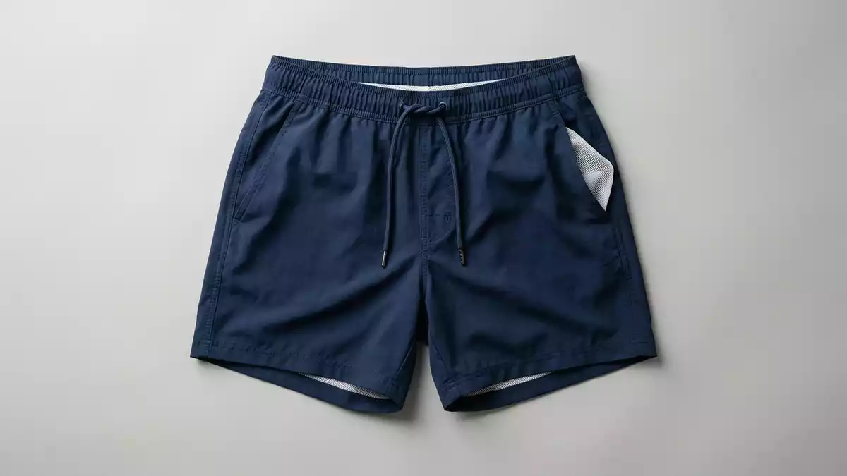 Fotorealistische Studioansicht von Badeshorts in neutraler Produktdarstellung, neutral