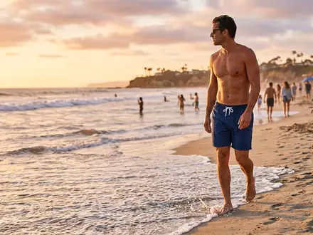 Fotorealistische Aufnahme von Badeshorts am Strand zum Thema Emporio Armani Herren Badeshorts, warmes Abendlicht - Foto: THN