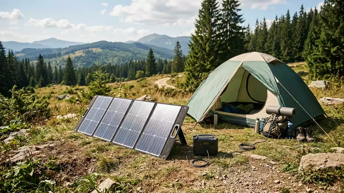 Fotorealistische Ansicht von Solarpanel am Zeltplatz in realer Umgebung, neutral