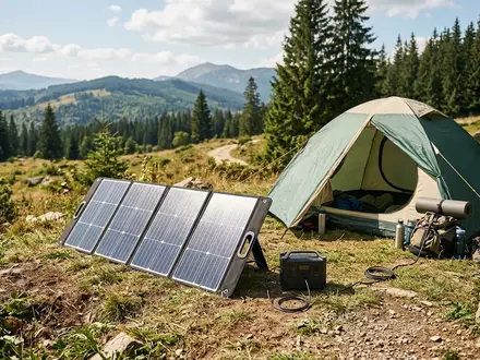 Fotorealistische Aufnahme von Solarpanel am Zeltplatz zum Thema Goal Zero Nomad 100, natuerliches Licht - Foto: THN