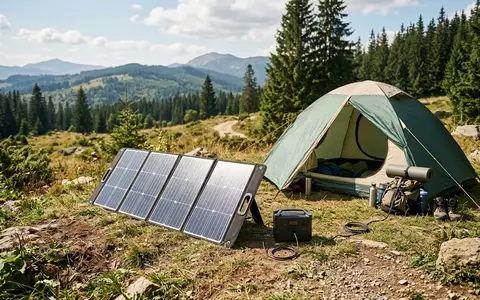 Fotorealistische Aufnahme von Solarpanel am Zeltplatz zum Thema Goal Zero Nomad 100, natuerliches Licht - Foto: THN