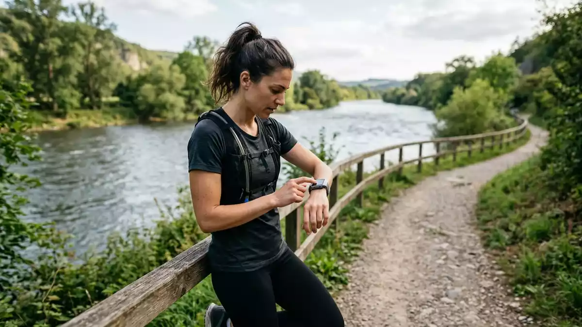 Fotorealistische Ansicht von Smartwatch beim Laufen in realer Umgebung, neutral