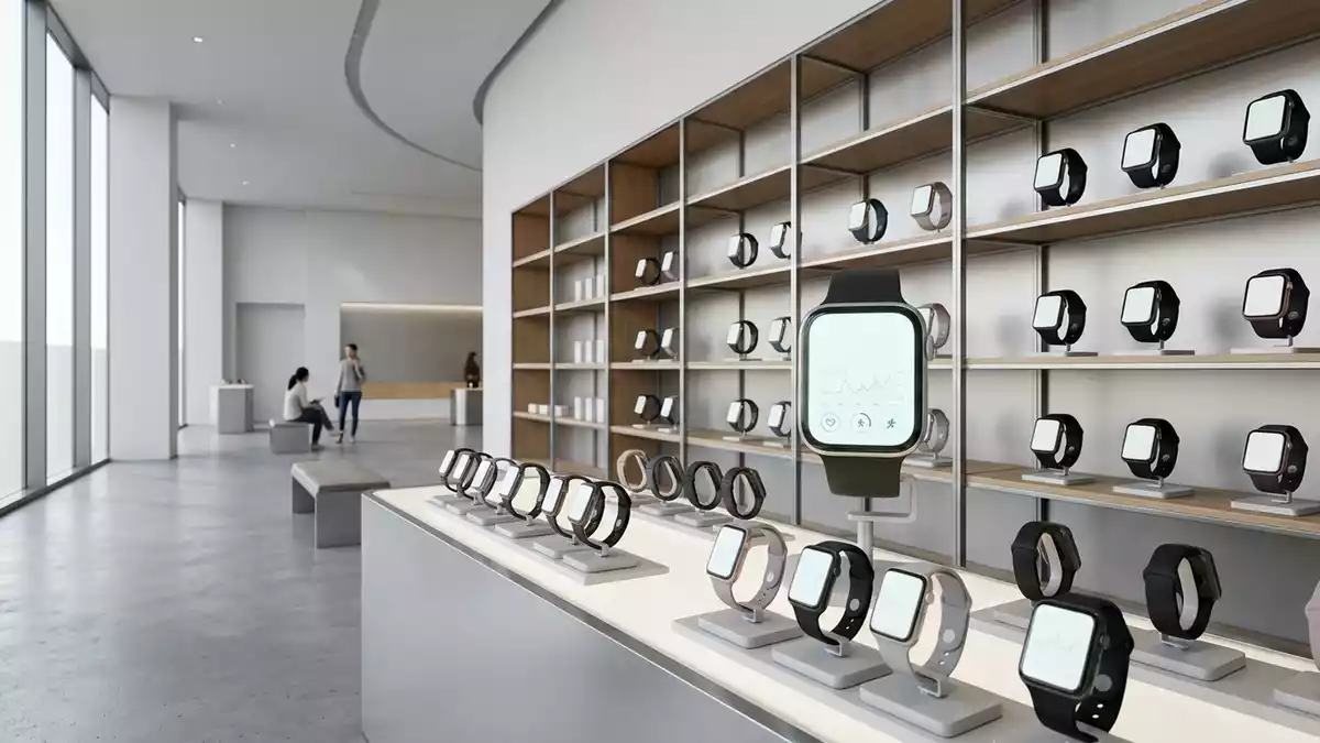 Architektur-Render im Technikgeschaeft mit Smartwatch im Ausstellungsbereich, neutral