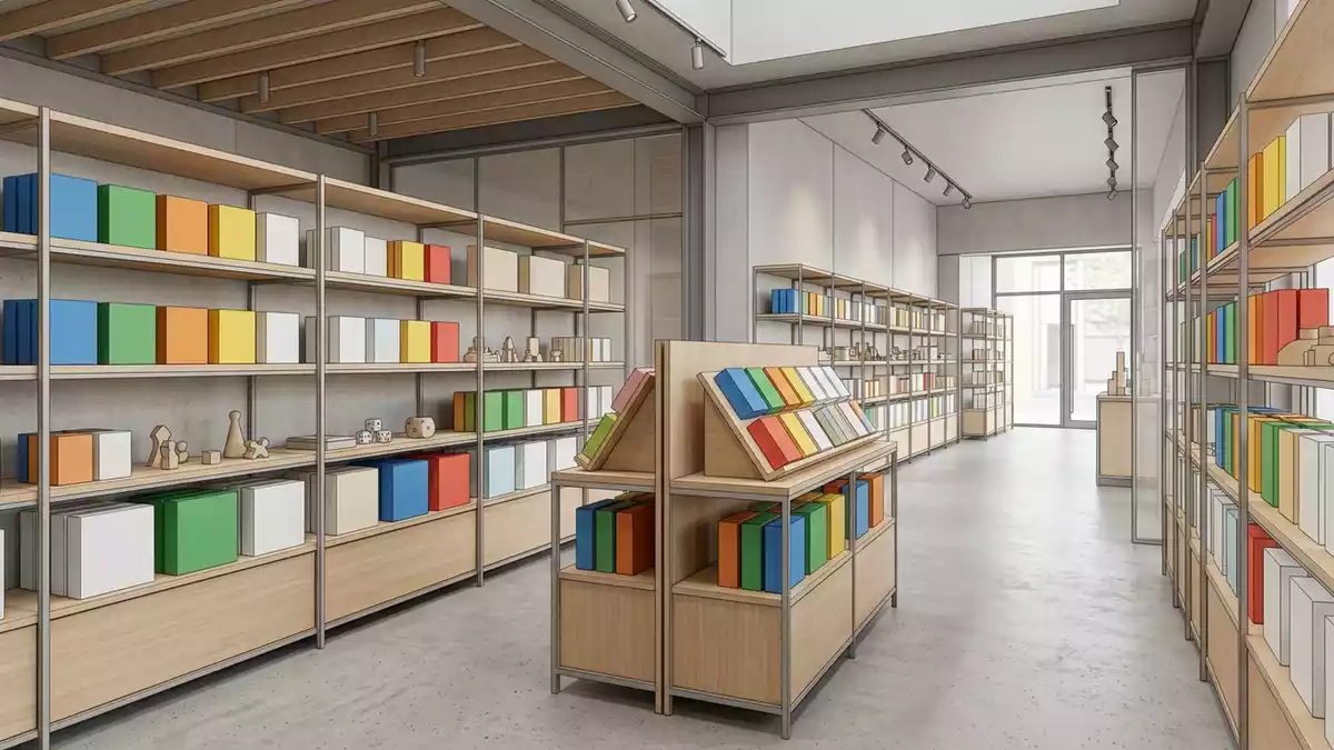 Architektur-Render im Spielefachgeschaeft mit Kartenspiel im Ausstellungsbereich