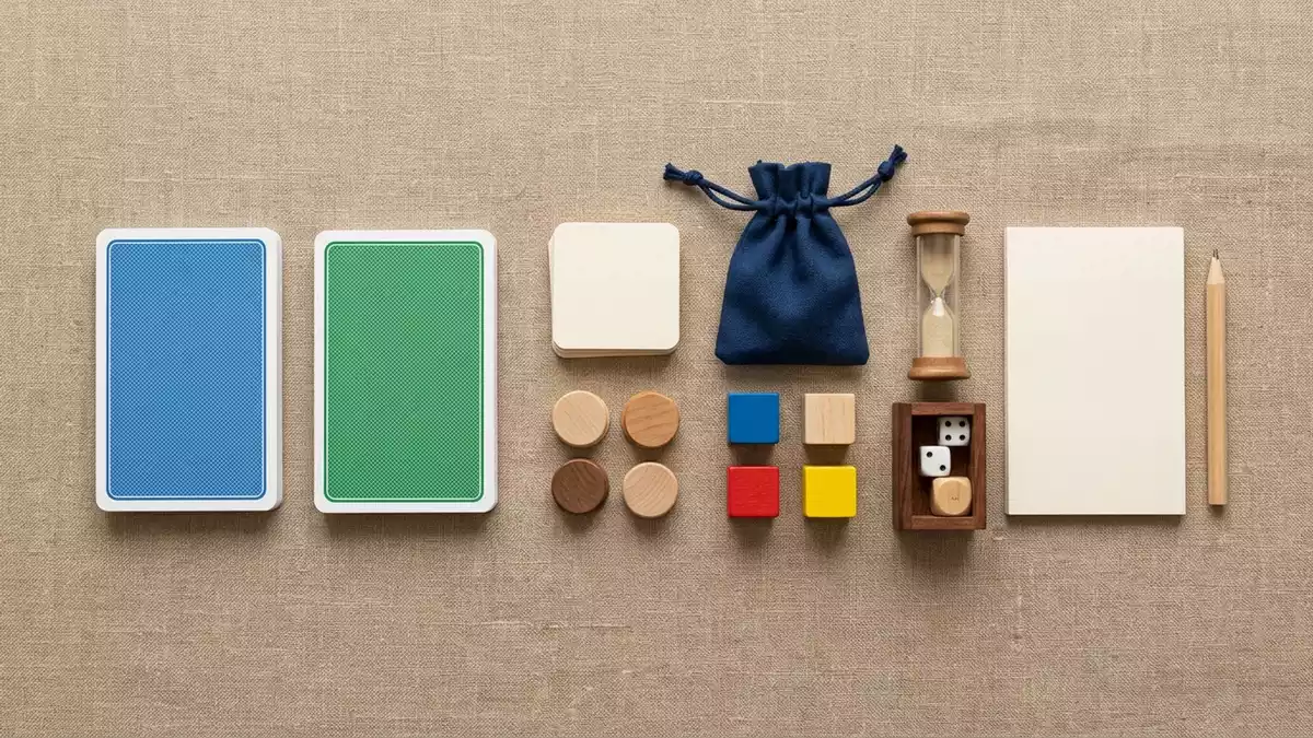 Flatlay-Arrangement rund um Kartenspiel mit passenden Requisiten von oben, neutral