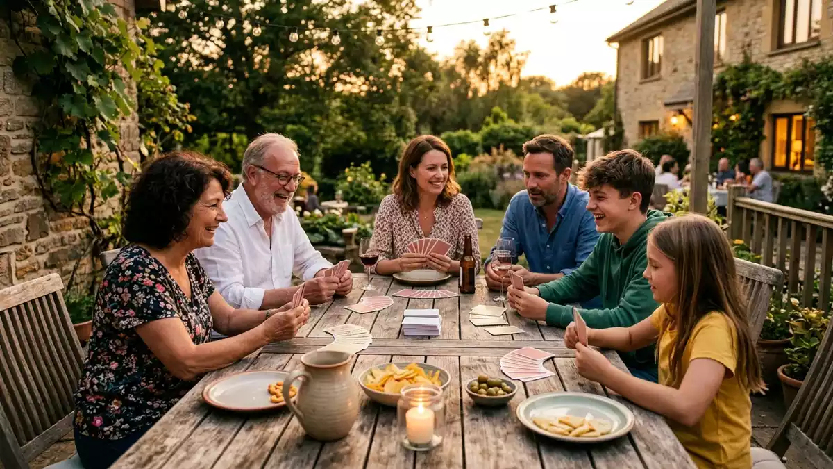 Fotorealistische Ansicht von Kartenspiel auf der Terrasse in warmem Abendlicht