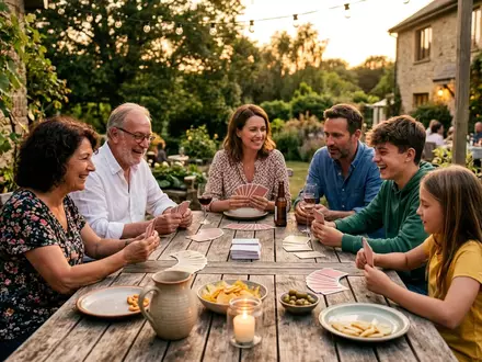 Fotorealistische Aufnahme von Kartenspiel auf der Terrasse zum Thema Mattel Uno Flip Kartenspiel, warmes Abendlicht - Foto: THN