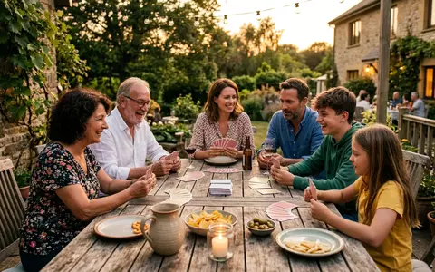 Fotorealistische Aufnahme von Kartenspiel auf der Terrasse zum Thema Mattel Uno Flip Kartenspiel, warmes Abendlicht - Foto: THN