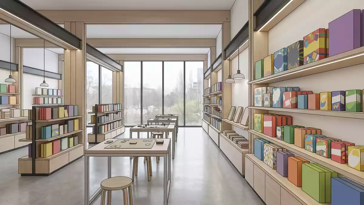 Architektur-Render im Spielefachgeschaeft mit Kartenspiel im Ausstellungsbereich