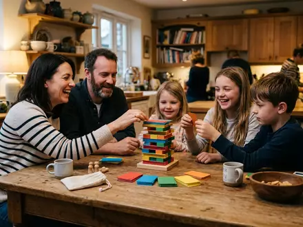 Fotorealistische Aufnahme von Kartenspiel am Kuechentisch zum Thema Skip-Bo, natuerliches Licht, sachlich dargestellt - Foto: THN