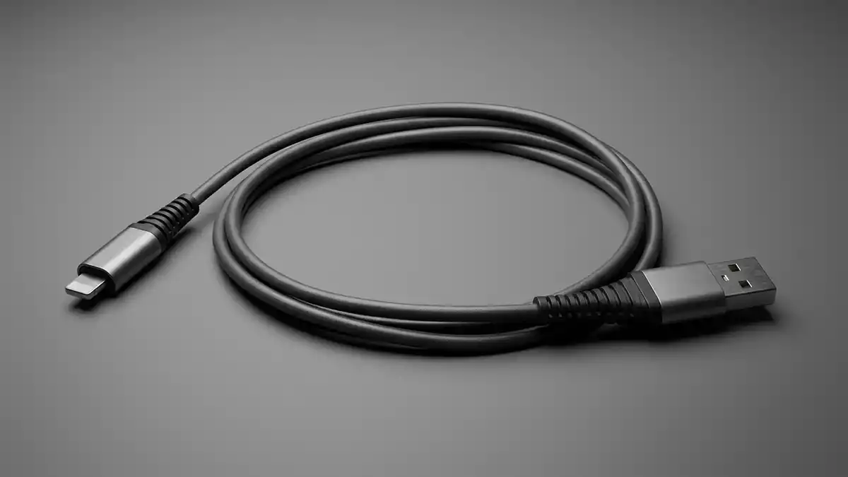 Fotorealistische Studioansicht von Ladekabel in neutraler Produktdarstellung, neutral