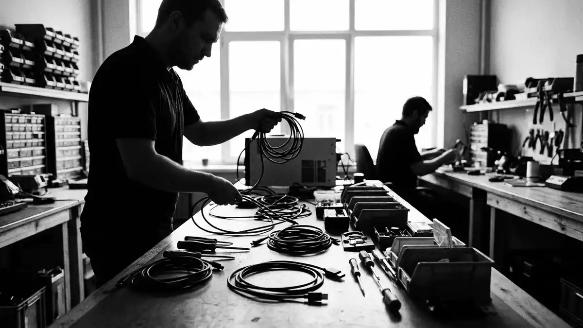 Schwarzweiss-Reportagebild mit Ladekabel in dokumentarischer Arbeitsumgebung, neutral