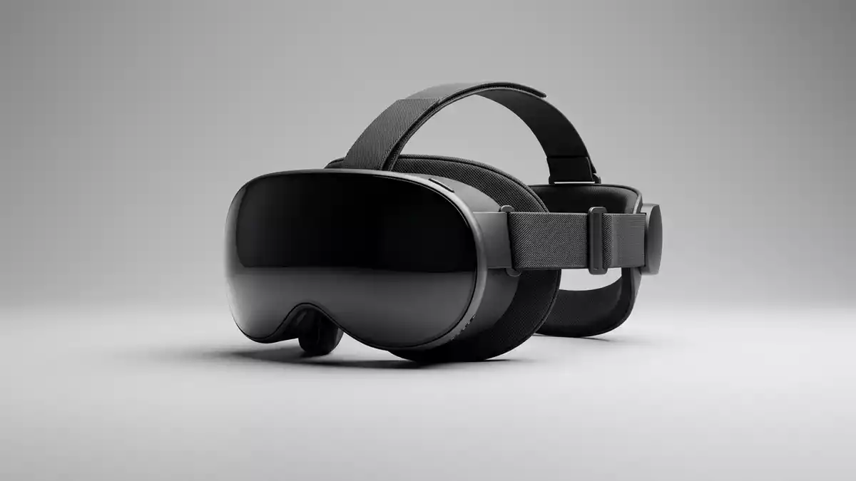 Fotorealistische Studioansicht von VR-Headset in neutraler Produktdarstellung, neutral