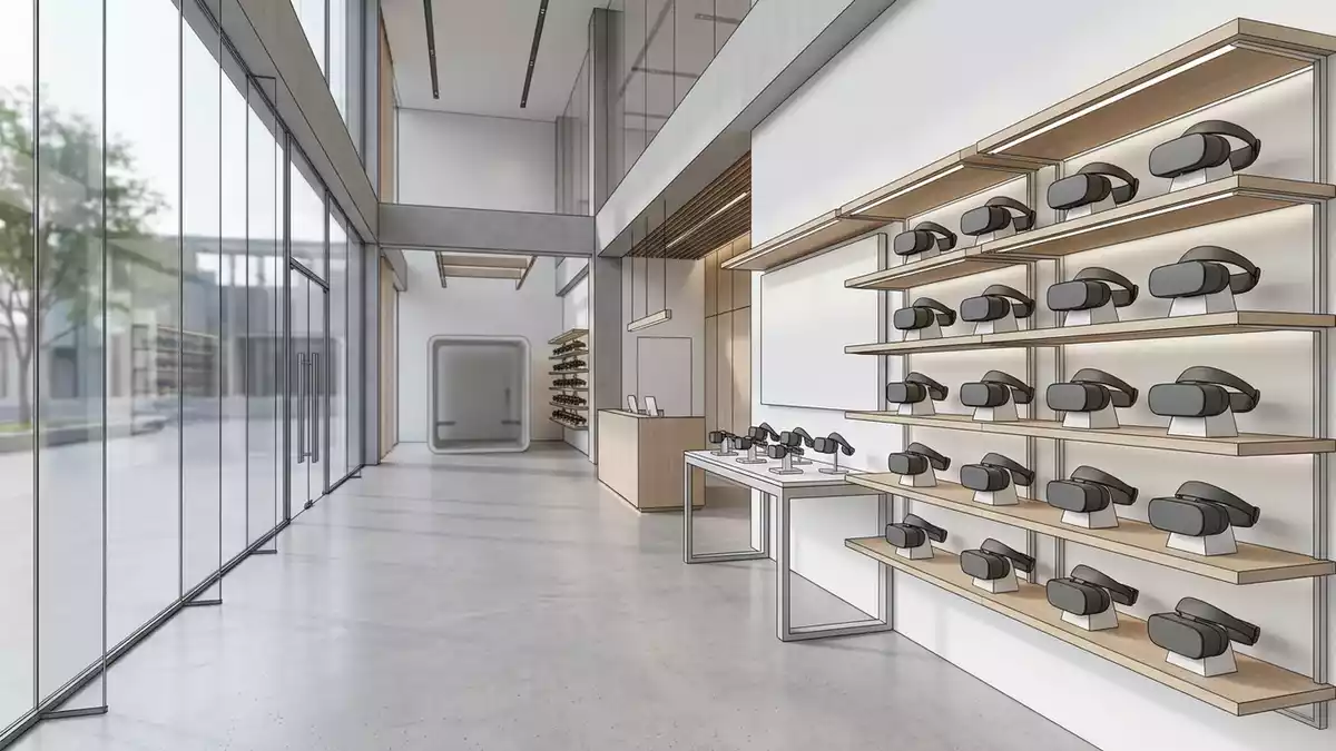 Architektur-Render im Technikfachgeschaeft mit VR-Headset im Ausstellungsbereich