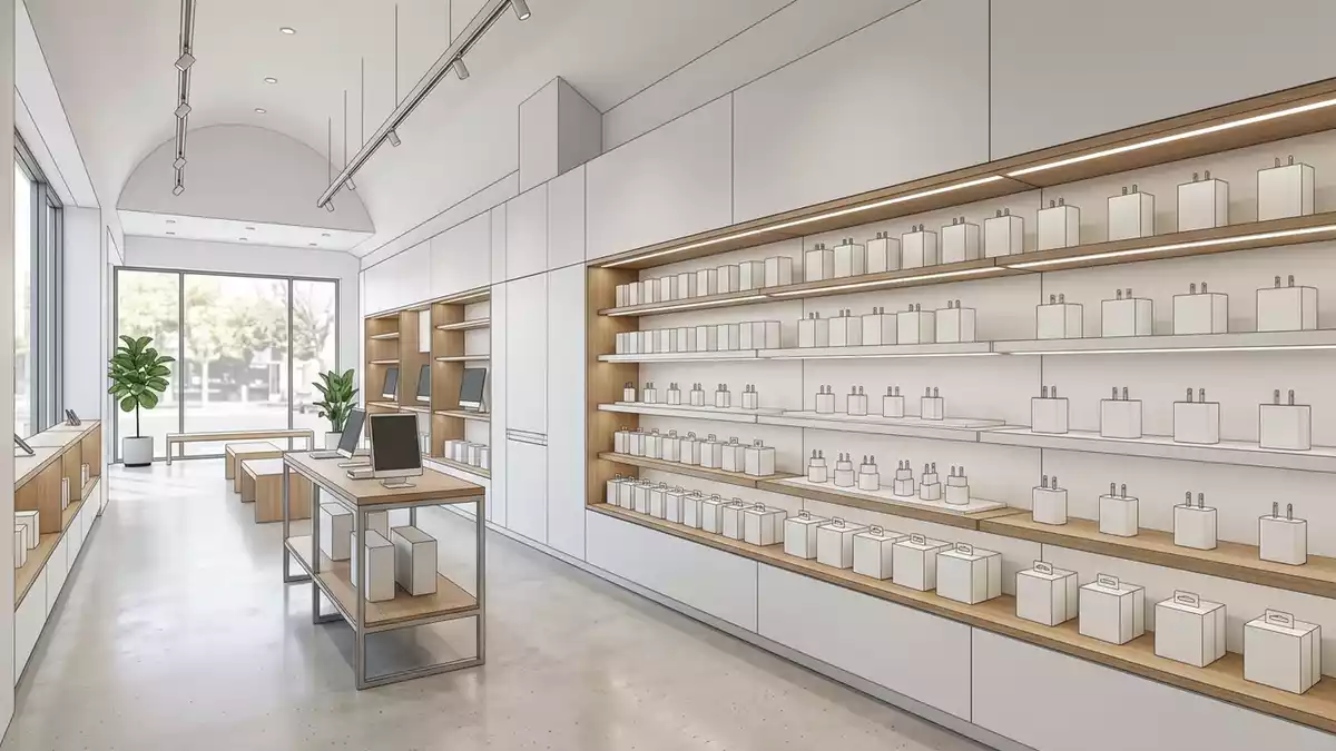 Architektur-Render im Elektronikfachgeschaeft mit Netzteil im Ausstellungsbereich