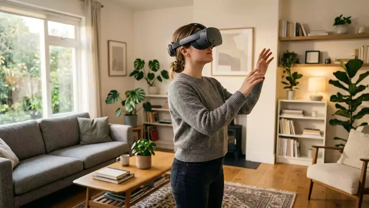 Fotorealistische Ansicht von VR-Headset im Wohnzimmer in realer Umgebung, neutral