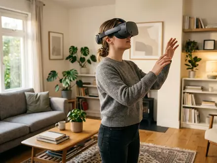 Fotorealistische Aufnahme von VR-Headset im Wohnzimmer zum Thema Apple Vision Pro 1TB, natuerliches Licht - Foto: THN