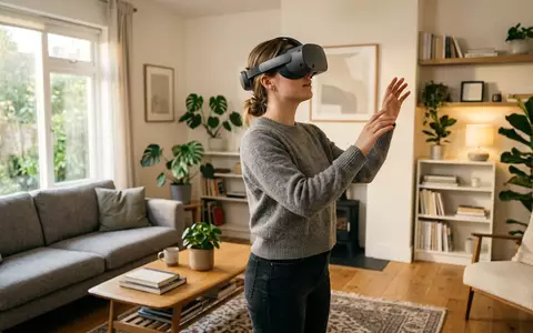 Fotorealistische Aufnahme von VR-Headset im Wohnzimmer zum Thema Apple Vision Pro 1TB, natuerliches Licht - Foto: THN
