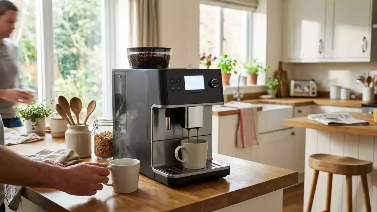 Fotorealistische Ansicht von Kaffeevollautomat in der Kueche in realer Umgebung