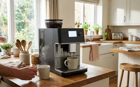 Fotorealistische Aufnahme von Kaffeevollautomat in der Kueche zum Thema Krups EA8108 Kaffeevollautomat Arabica, natuerliches Licht - Foto: THN