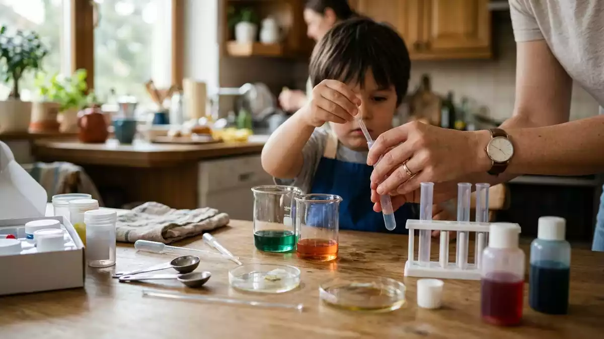 Fotorealistische Ansicht von Chemiebaukasten am Kuechentisch in realer Umgebung
