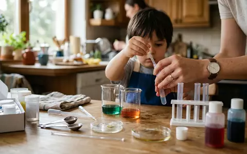 Fotorealistische Aufnahme von Chemiebaukasten am Kuechentisch zum Thema KOSMOS Chemielabor C 3000, natuerliches Licht - Foto: THN