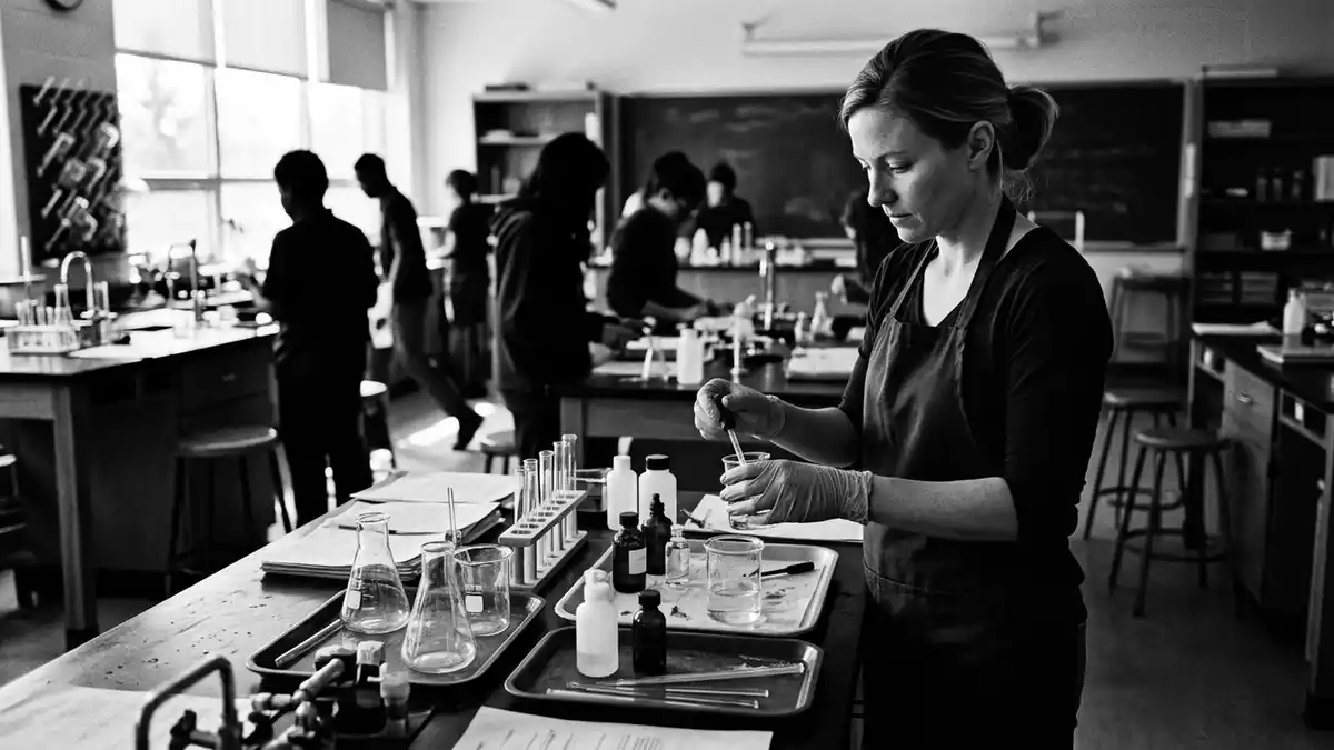 Schwarzweiss-Reportagebild mit Chemiebaukasten in dokumentarischer Arbeitsumgebung