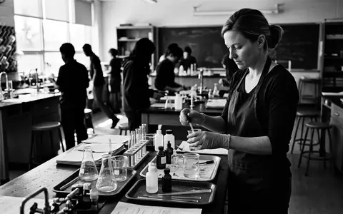 Schwarzweiss-Reportage mit Chemiebaukasten zum Thema KOSMOS Chemielabor C 3000, hoher Kontrast, sachlich dargestellt - Foto: THN