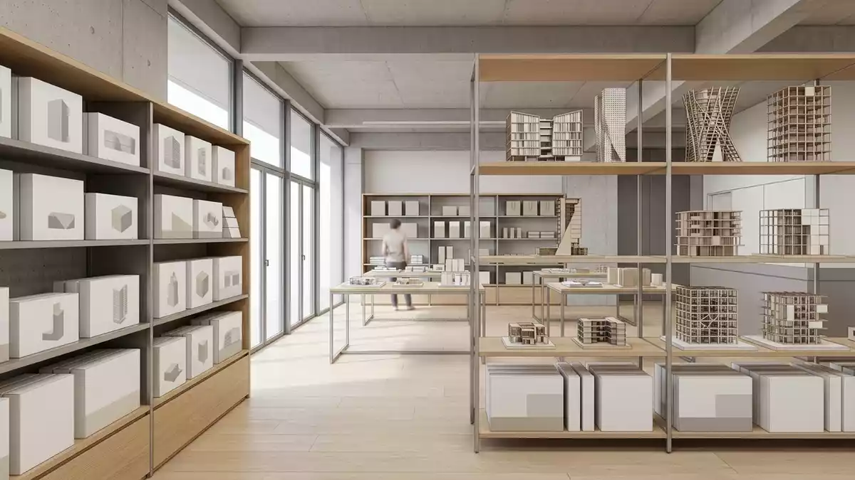 Architektur-Render im Modellbauladen mit 3D Puzzle im Ausstellungsbereich, neutral