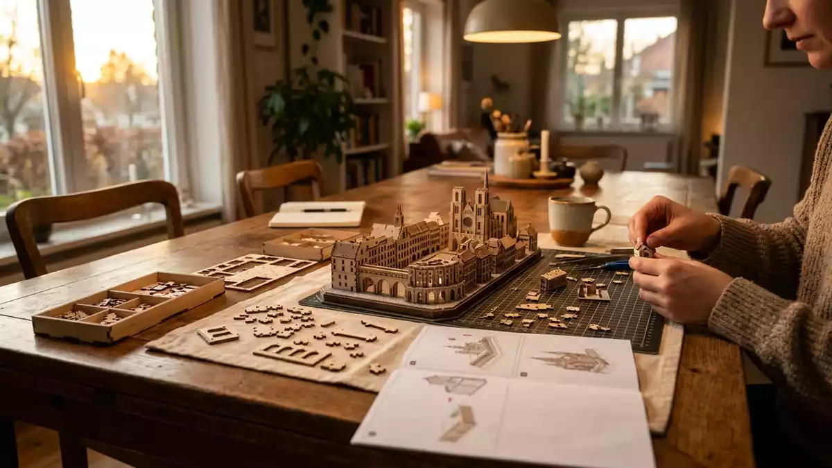 Fotorealistische Ansicht von 3D Puzzle am Esstisch in warmem Abendlicht, neutral