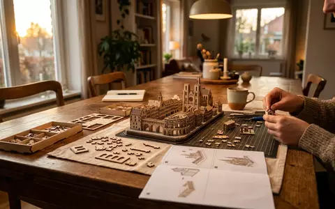 Fotorealistische Aufnahme von 3D Puzzle am Esstisch zum Thema KOSMOS 3D-Puzzle Eiffelturm, warmes Abendlicht - Foto: THN