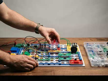 Fotorealistische Studioaufnahme von Elektronikbaukasten zum Thema KOSMOS Elektro Profi, klare Lichtfuehrung, sachlich dargestellt - Foto: THN