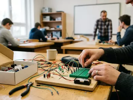 Fotorealistische Aufnahme von Elektronikbaukasten am Schreibtisch zum Thema KOSMOS Elektro Profi, natuerliches Licht - Foto: THN