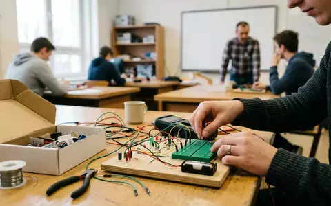 Fotorealistische Aufnahme von Elektronikbaukasten am Schreibtisch zum Thema KOSMOS Elektro Profi, natuerliches Licht - Foto: THN