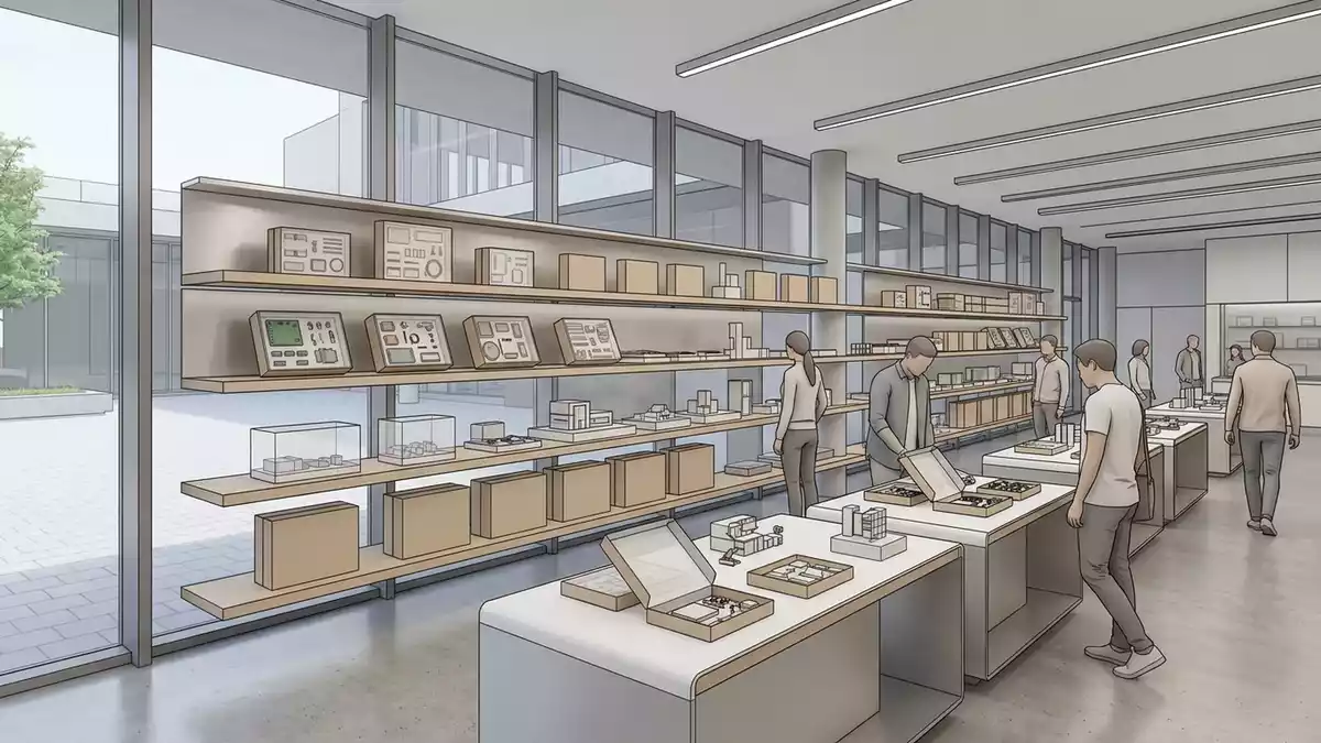 Architektur-Render im Experimentierladen mit Elektronikbaukasten im Ausstellungsbereich