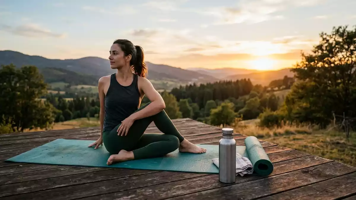 Fotorealistische Ansicht von Trinkflasche beim Yoga in warmem Abendlicht, neutral