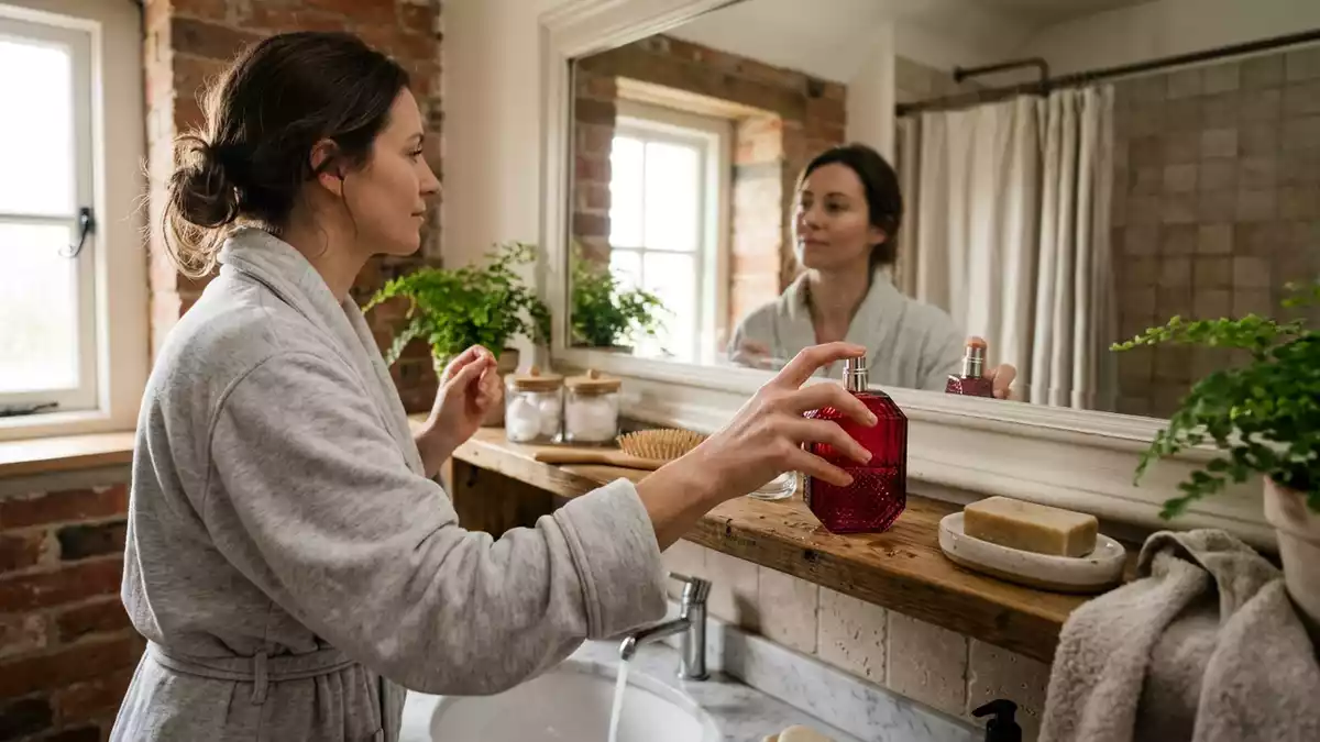 Fotorealistische Ansicht von Eau de Toilette im Badezimmer in realer Umgebung, neutral