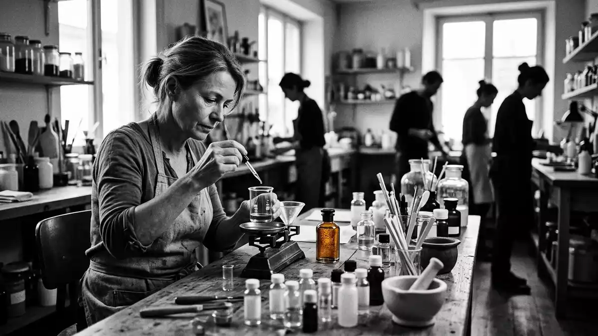 Schwarzweiss-Reportagebild mit Eau de Toilette in dokumentarischer Arbeitsumgebung