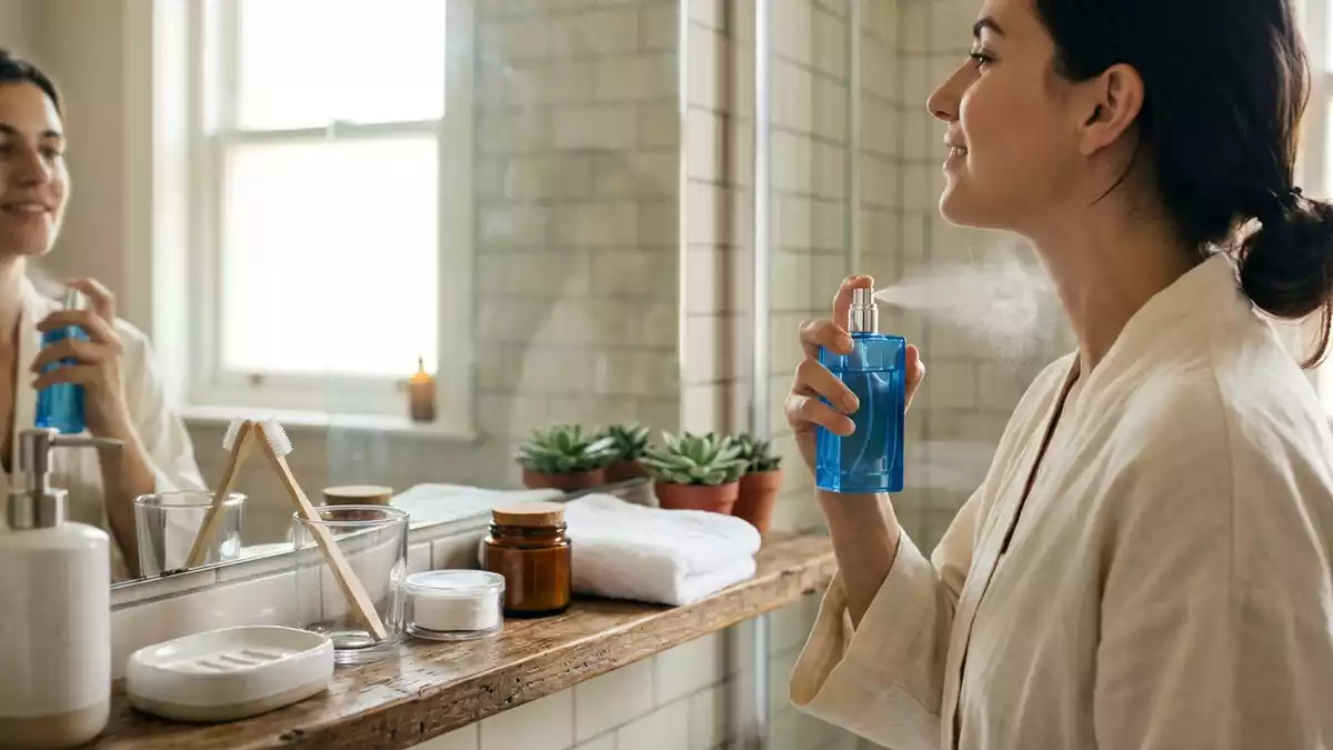 Fotorealistische Ansicht von Eau de Toilette im Badezimmer in realer Umgebung, neutral