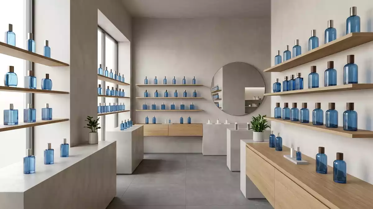 Architektur-Render im Parfuemerie mit Eau de Toilette im Ausstellungsbereich, neutral