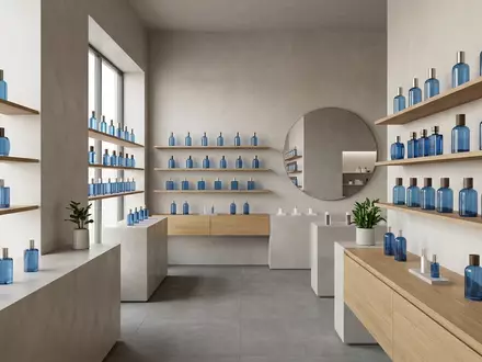 Architektur-Render im Parfuemerie mit Eau de Toilette zum Thema Davidoff Cool Water EdT, neutrales Tageslicht - Foto: THN