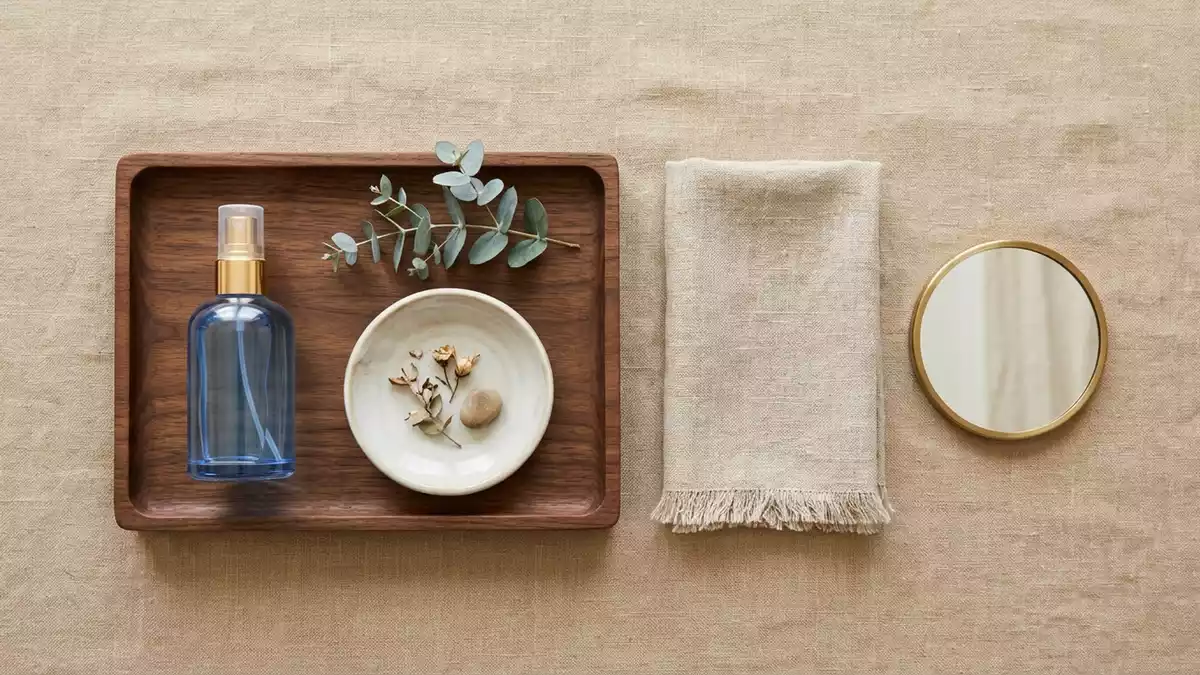 Flatlay-Arrangement rund um Eau de Toilette mit passenden Requisiten von oben, neutral